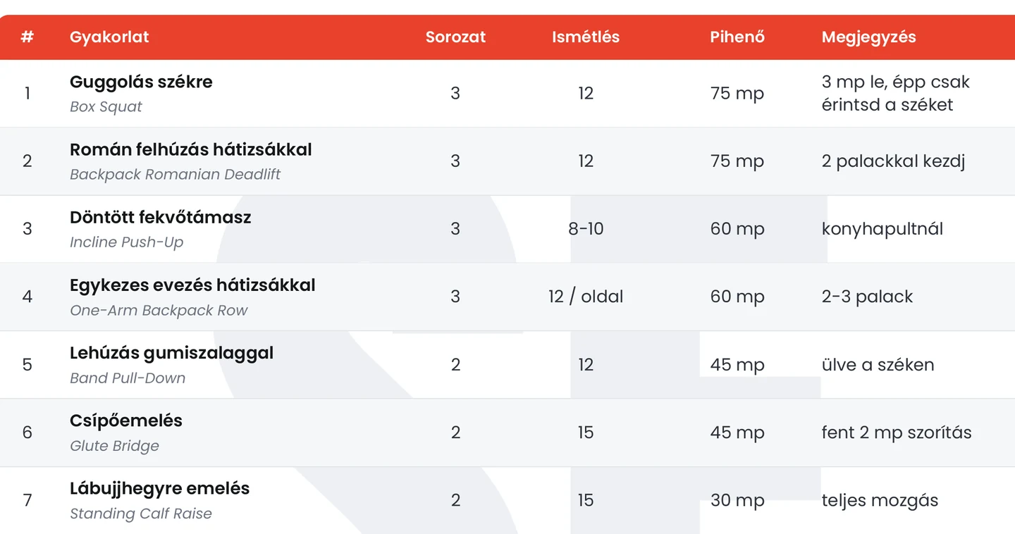 Részlet egy edzéstervből, az A edzés gyakorlatai sorozattal, ismétléssel, pihenővel és megjegyzéssel